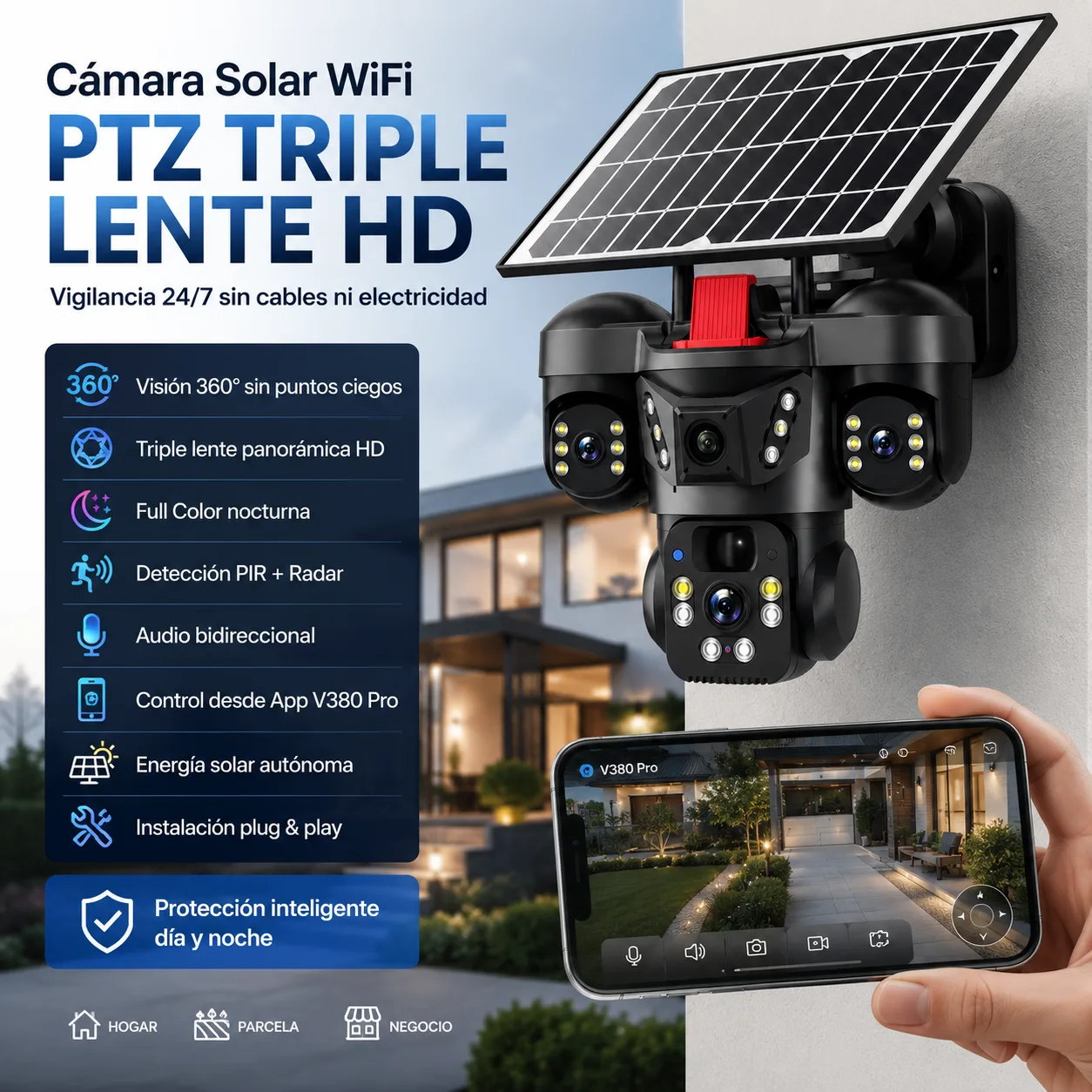 Cámara Solar WiFi PTZ Triple Lente HD 360° sin cables - 3