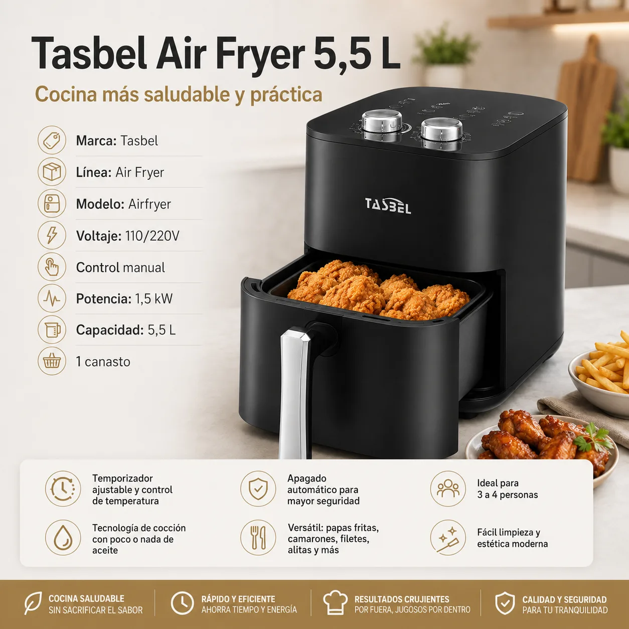 Freidora de aire Tasbel 5.5 litros 1.5 kW manual - 2
